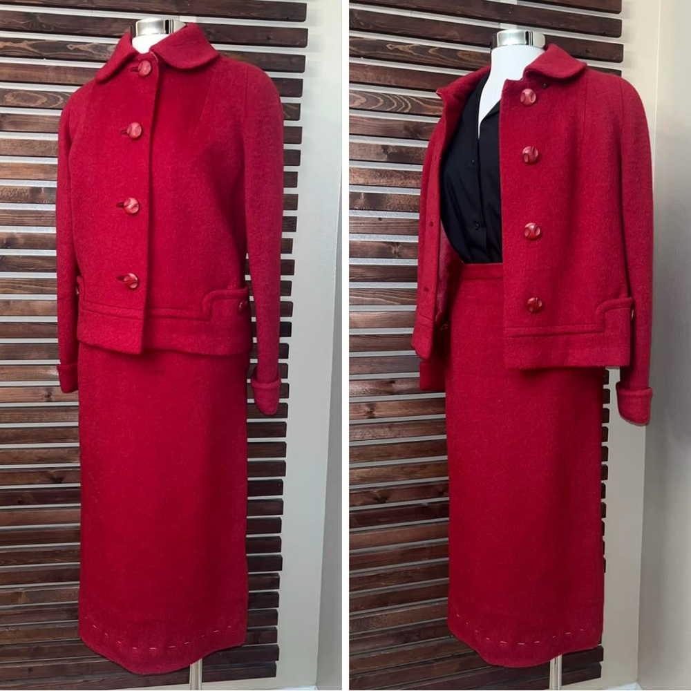 2 Piece 1960s Vintage Gormont Red Big Button Crop Jacket & Pencil Skirt Set